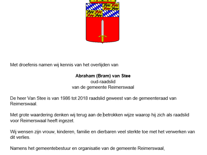 Overlijdensadvertentie de heer Van Stee